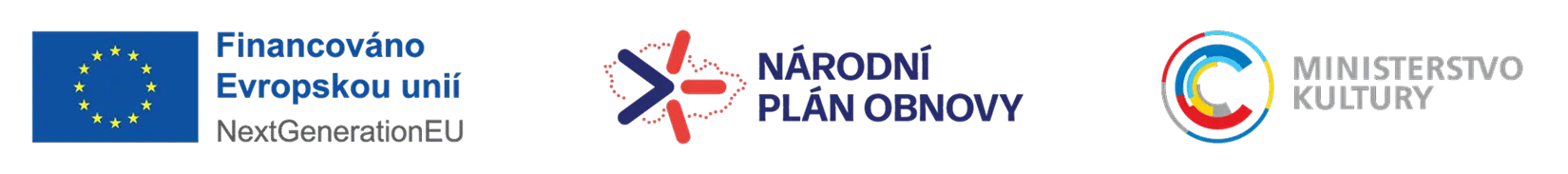 Vlajka EU s textem Financováno Evropskou unií NextGenerationEU, logo Národní plán obnovy a logo Ministerstva kultury.