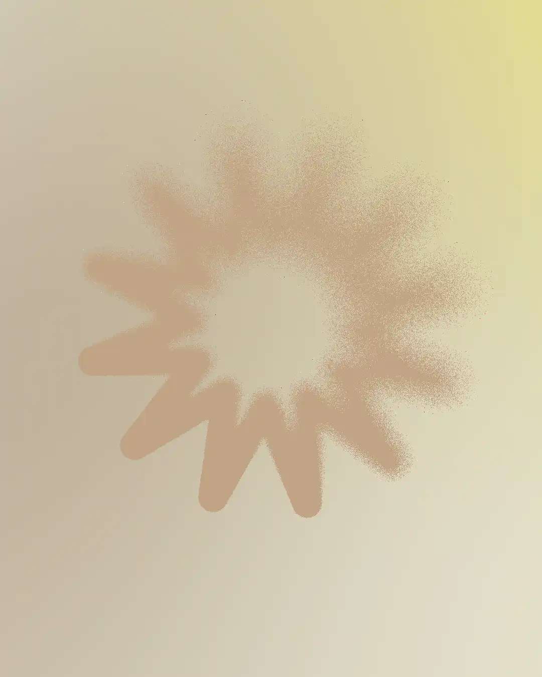 An abstract circular painting with jagged edges in shades of beige on a light yellow background.